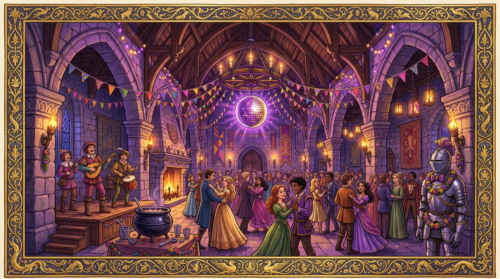 A medieval great hall decorated for a prom: streamers, a disco ball hanging from a wheel chandelier, minstrels with a lute and drum on a stage, a cauldron of punch, dancing couples and a suit of armor wearing a purple bow tie.