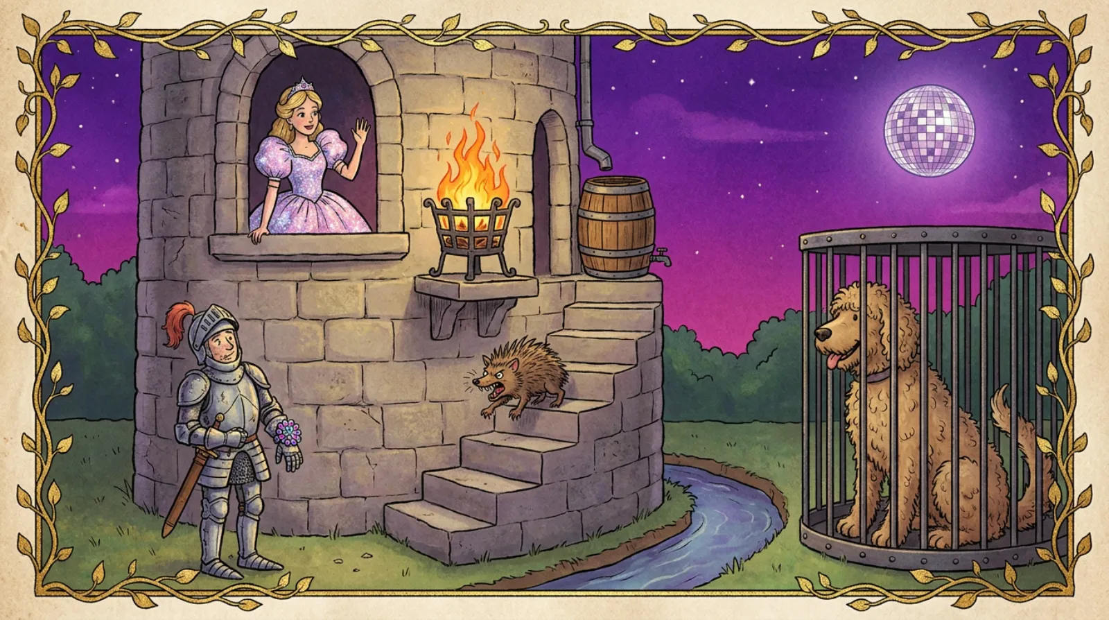 Storybook illustration with a gold-leaf vine border: a knight holding a corsage stands below a stone tower where a princess in a sparkly gown waves from the window. A brazier burns beside a rain barrel, a small spiky beast snarls on the stairs, and a big shaggy hound sits in an iron cage under a disco-ball moon.